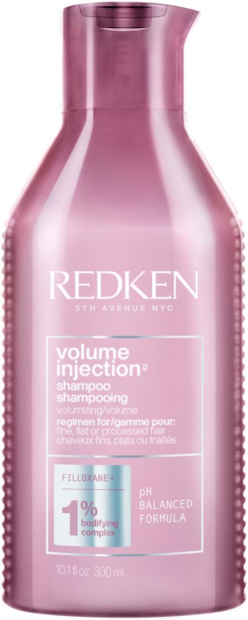 Roze fles met Redken volume-injectie shampoo met pH gebalanceerde formule en 1% bonding complex.