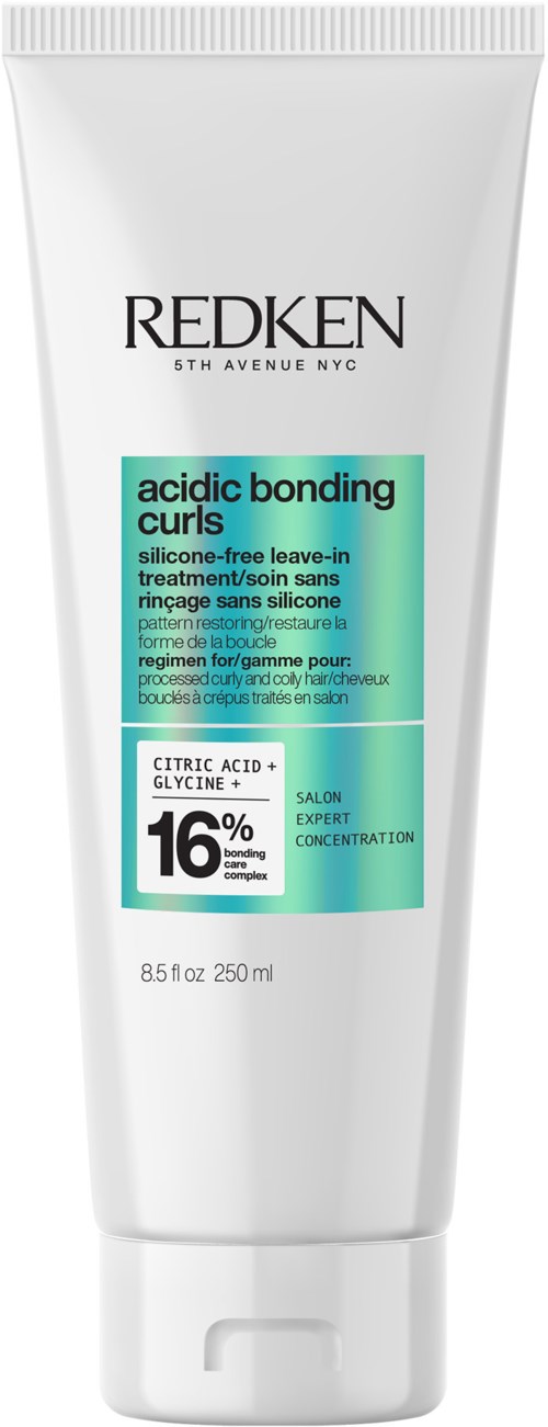 Witte tube Redken Acidic Bonding Curls leave-in behandeling voor krullend haar, bevat citroenzuur en glycerine, 8,5 oz.