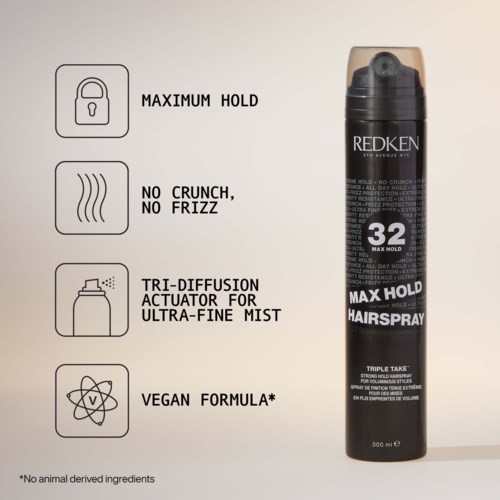 Can-shaped hairspray bottle with labels highlighting maximum hold, no crunch, tri-diffusion, and vegan formula.