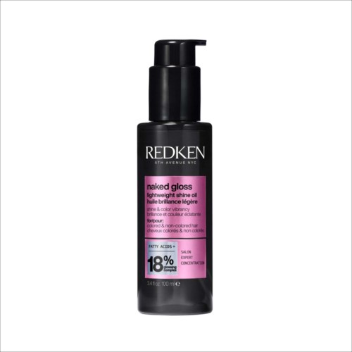 Een zwart flesje met pomp toont Redken Naked Gloss lichte glansolie voor haar. Het verbetert de glans met 18%.