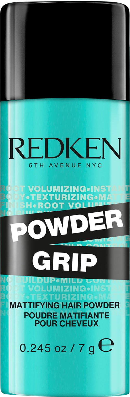 Een blauwe fles Redken Powder Grip haarpoeder met een zwart deksel.