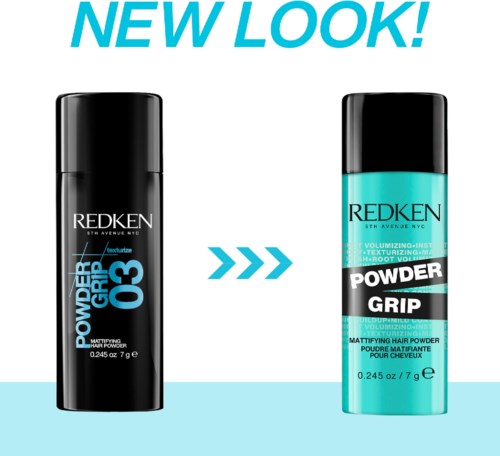 Redken haarpoeder verandert van een zwarte fles naar een lichtblauwe fles, en toont een nieuwe look.