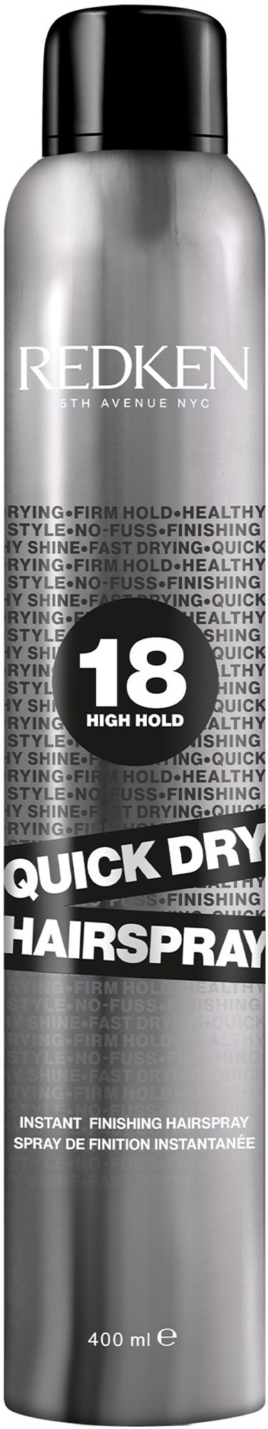 En burk med Redken 18 High Hold Quick Dry Hairspray som är svart och silver med svart lock.
