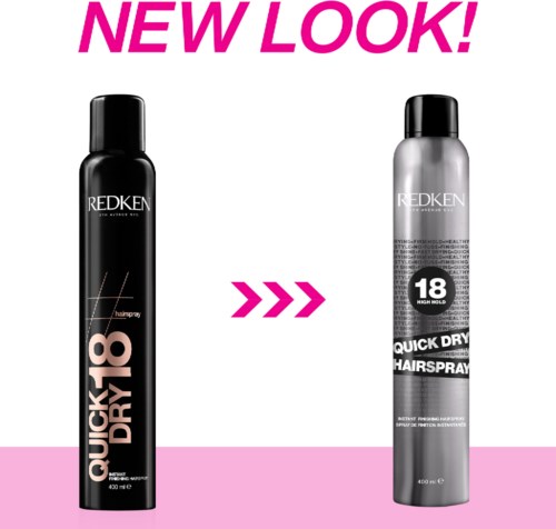 En hårsprayprodukt byter design, visar en ny etikett och texten 'NEW LOOK!' högst upp.