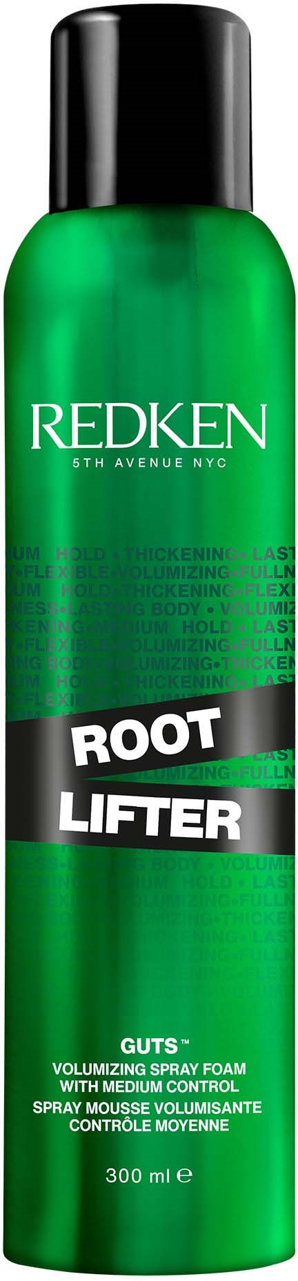 Grüne Haarspraydose mit schwarzem Deckel, beschriftet 'Redken Root Lifter'.