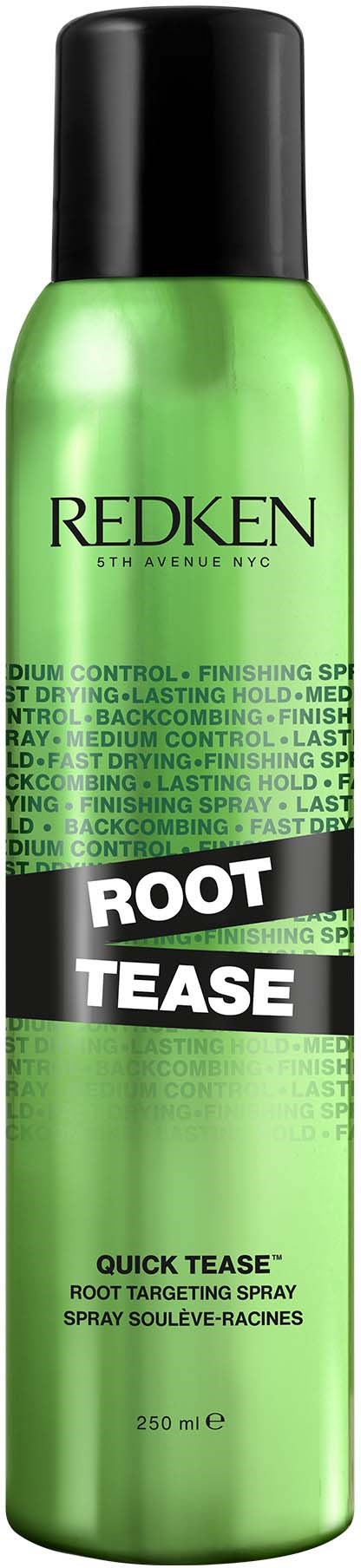 Grüne Spraydose mit der Aufschrift 'Root Tease' für Haarstyling, schwarzer Deckel und kleine Textdetails.