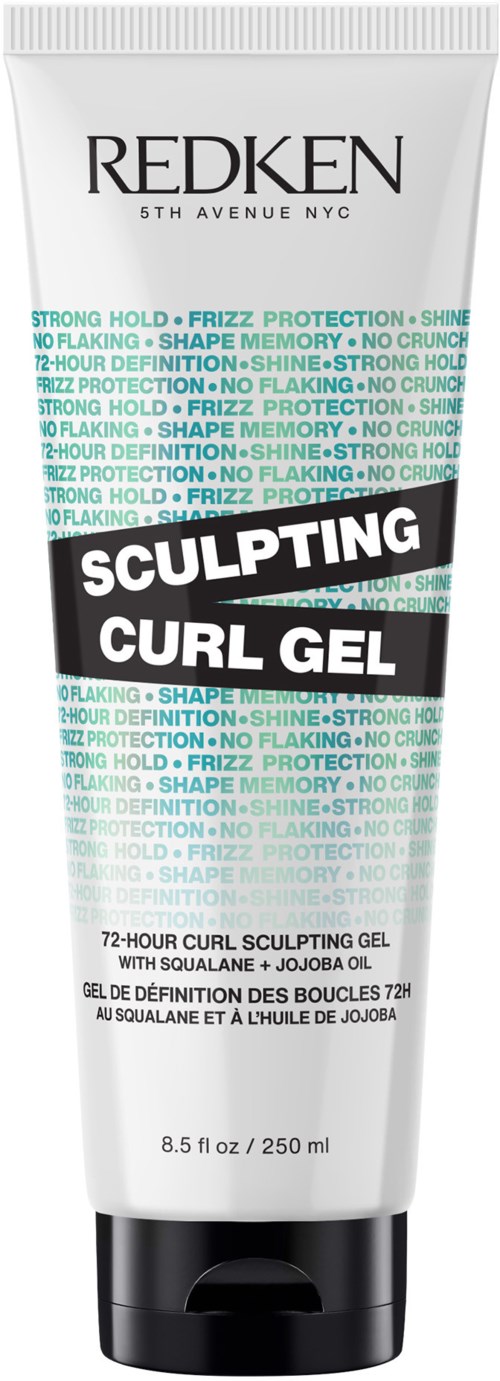 Een tube Redken Sculpting Curl Gel voor sterke hold, pluisbescherming en vormgeven van krullen. Het heeft een wit en zwart ontwerp.