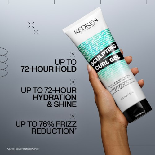 Een hand houdt een tube Redken haargelei met tekst over langdurige hold, hydratatie, glans en frizz-reductie.