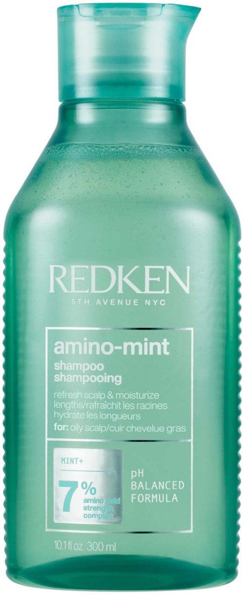 Eine grüne Shampoo-Flasche mit "Redken amino-mint" 7% Minz, pH-neutral.