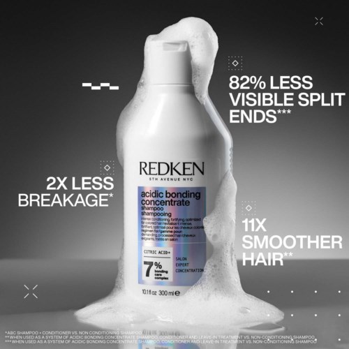 A shampoo bottle surrounded by foam with benefits listed: less split ends, less breakage, smoother hair.