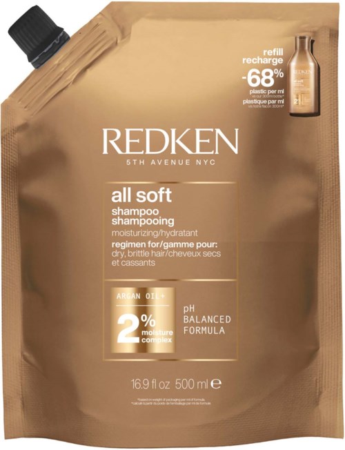 Bruine refillzak voor Redken All Soft shampoo, met tekst over hydraterende en pH gebalanceerde formule, 16,9 fl oz.