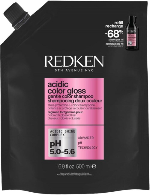 Zwarte navulsverpakking met roze label, promoot Redken zure kleurglansshampoo en pH-balans.