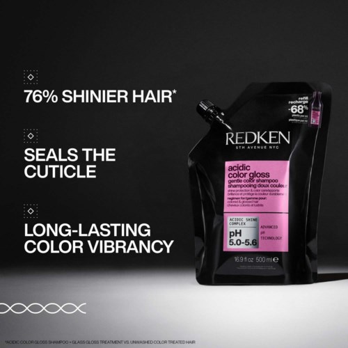 Redken haarkleuringsverpakking met roze label, bevordert glanzend haar, langdurige kleur en sluit de haarschubben.