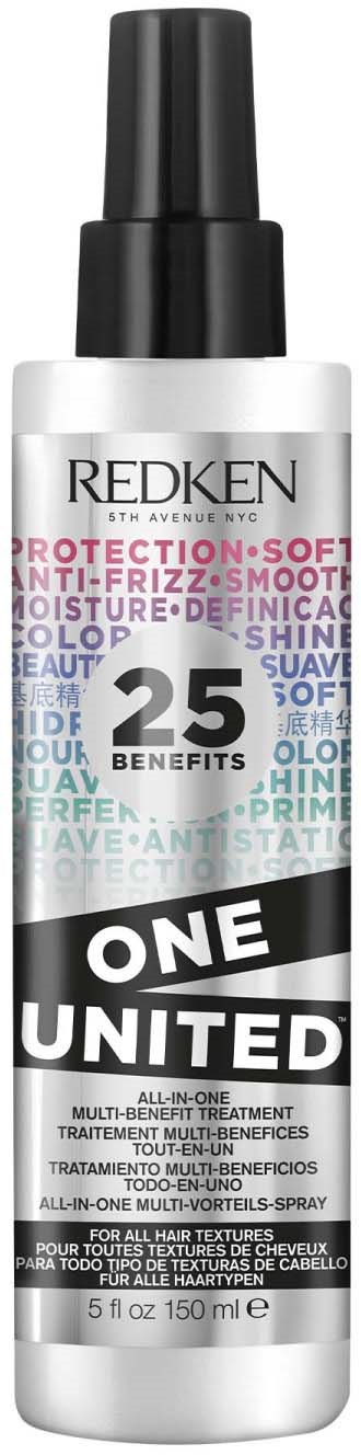 Redken hair treatment spray with white bottle, black cap, and bold black and white text, promoting hair benefits.