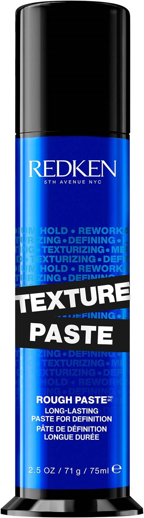 Een blauwe tube Redken textuurpasta met zwart deksel, voor haarstyling, 75 ml.