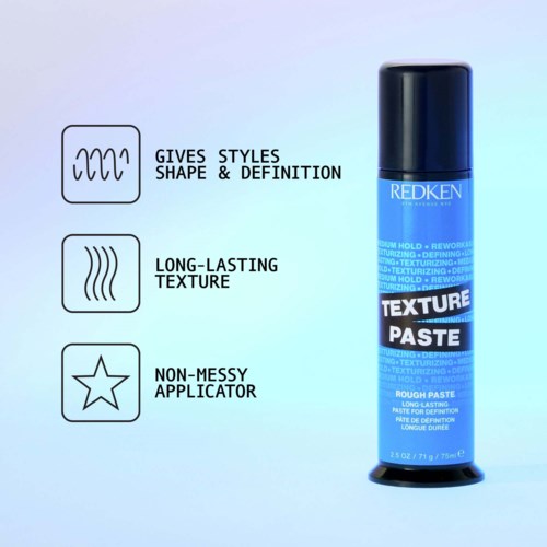 Redken textuurpasta fles met iconen en tekst uitleg over stijl, langdurige textuur en makkelijke toepassing.