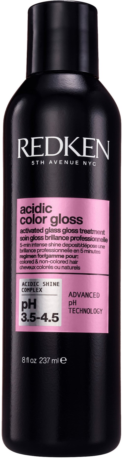 Een zwarte bus met roze en witte label, genaamd Redken Acidic Color Gloss, voor haarglans en kleurbehoud.