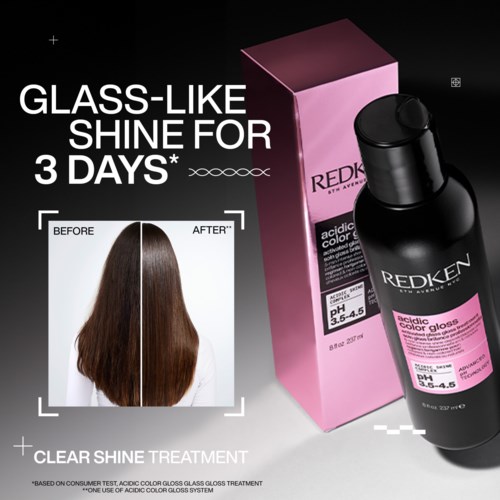 Redken acid color gloss fles met roze verpakking bevordert glanzend haar voor drie dagen.