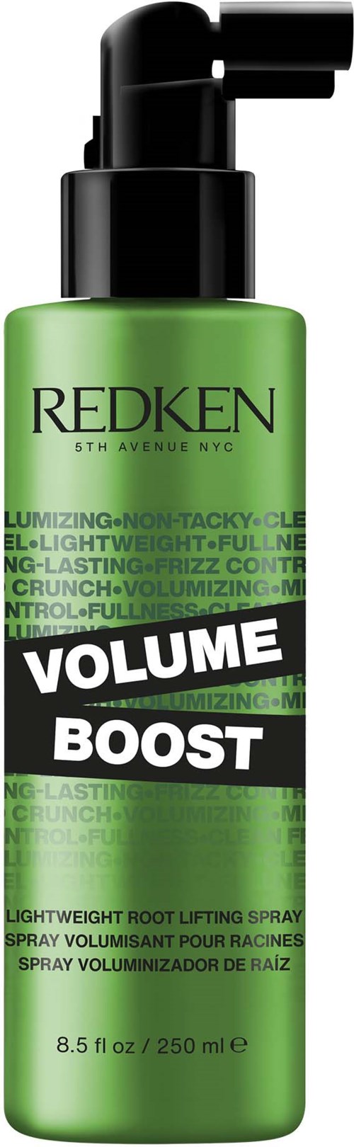 A green bottle of Redken Volume Boost hair spray with a black pump top.