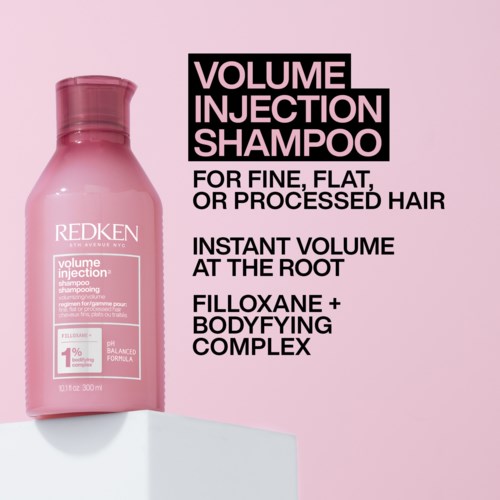 Pink shampoo bottle with product details and benefits written beside it.
