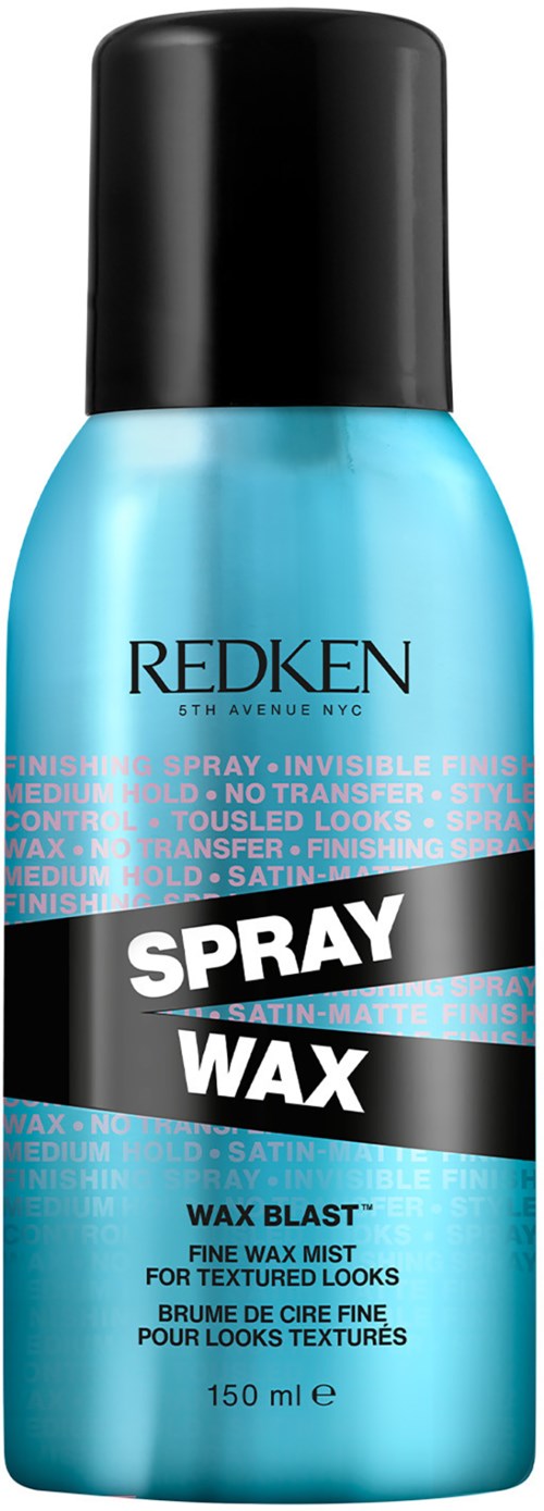 Eine blaue Spraydose mit schwarzem Deckel, beschriftet 'Redken Spray Wax' für Haarstyling.