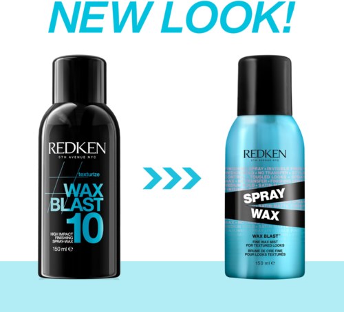 Zwei Flaschen zeigen den Wechsel von Wax Blast 10 zu Spray Wax für texturierte Looks. Die Flaschen sind schwarz und blau.