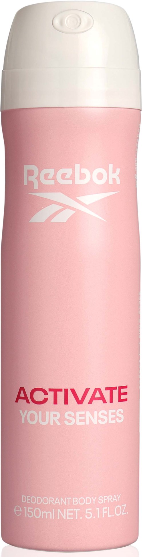 Roze Reebok deodorant sprayfles met witte dop, gelabeld "Activate Your Senses" en 150 ml.