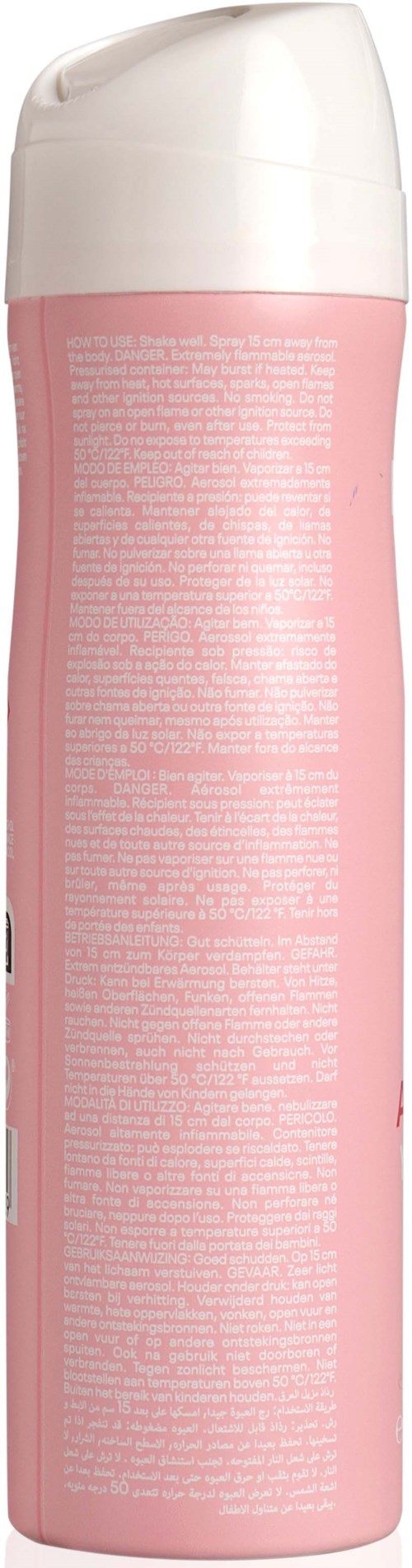 Een roze, cilindervormige sprayfles met wit deksel, gevuld met haar- of bodymist.
