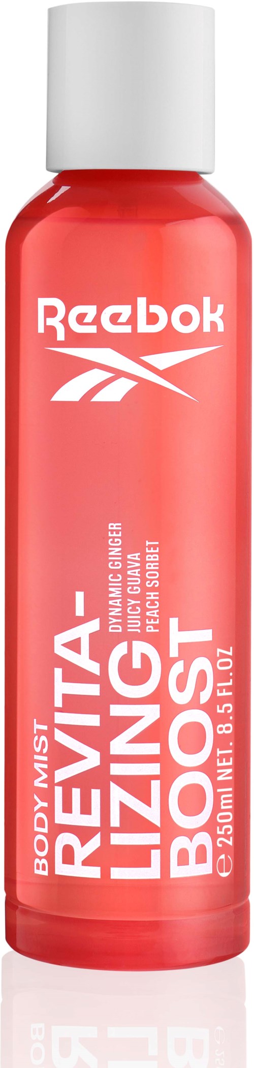 Een rode Reebok lichaamsmist spray met witte tekst en witte dop, gelabeld 'Revita-Lizing Boost'.