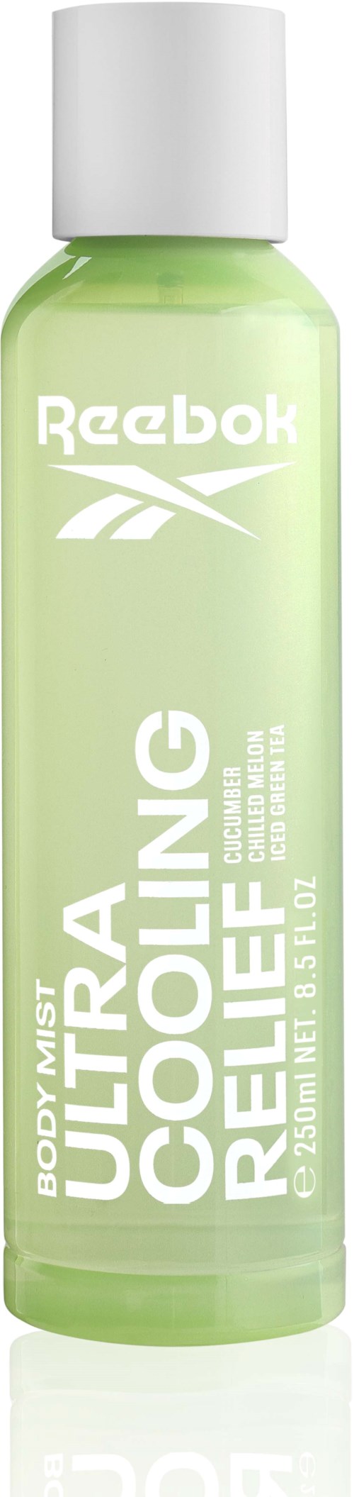 Grønn flaske med Reebok Ultra Cooling Body Mist med hvit lokk, merket for oppfriskende og kjølende hudspray.