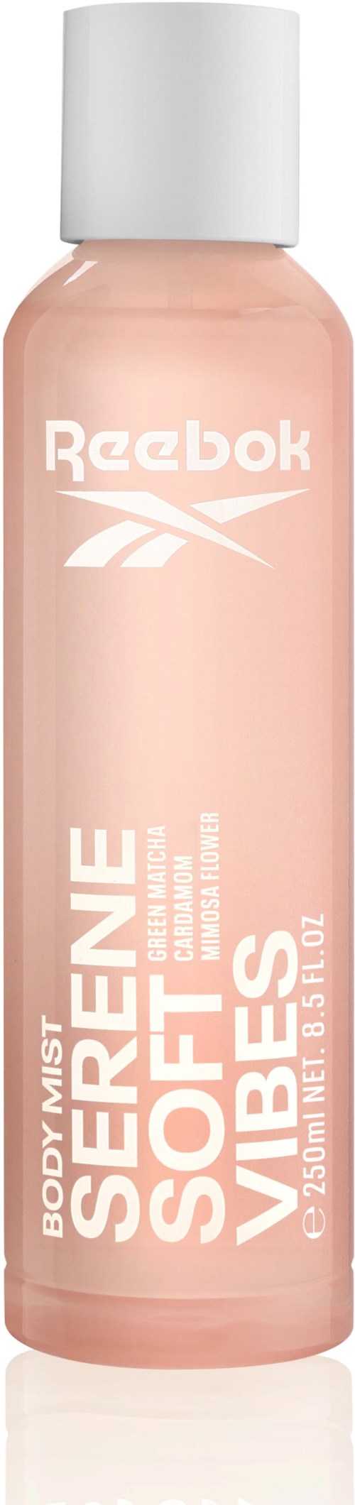 En rosa flaske med hvit topp merket Reebok, inneholder kroppsspray kalt Serene Soft Vibes, 150 ml.