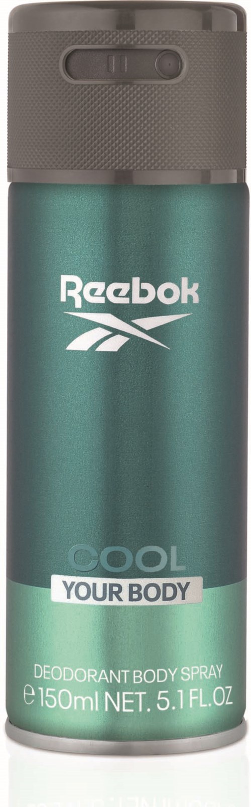 Vihreän tealinvärinen Reebok deodorantti aerosoli pullo, harmaa kansi, merkinnällä "Cool Your Body" ja 150 ml tilavuus.