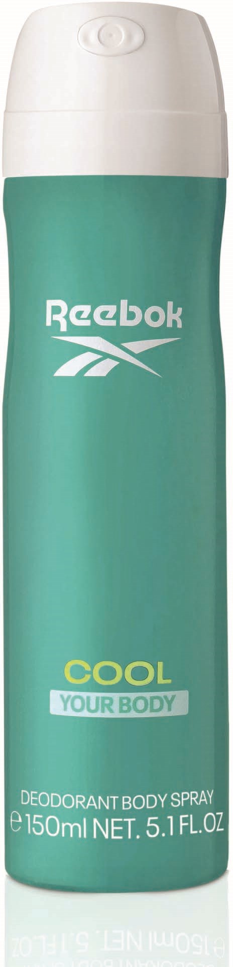 Een lange, groene deodorant sprayspray met witte dop en Reebok-logo, gelabeld "Cool Your Body."