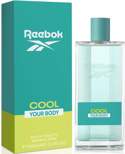Reebok Cool geurflacon en doos, lichtblauw en groen, eenvoudig ontwerp, 100ml, heren body spray.