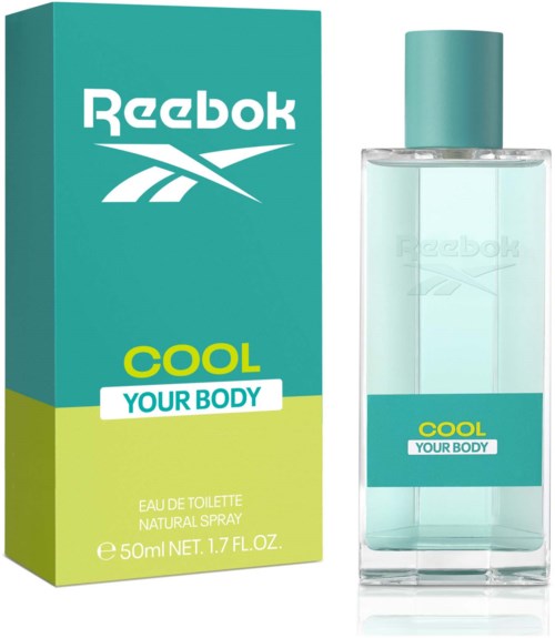 Reebok parfumdoos en fles, lichtblauw en groen, met de woorden "Cool Your Body" op beide.