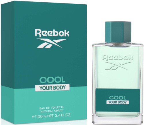 Reebok Cool Yourself Body-parfum met tealklep, in een heldere fles en bijpassende doos.