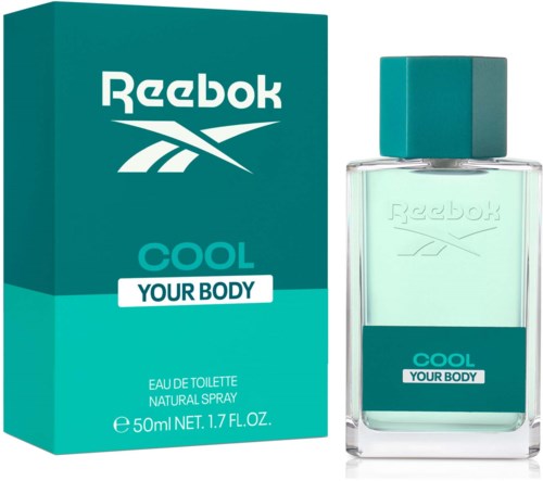 Een Reebok parfumdoos en fles in teal, gemarkeerd "Cool" en "Your Body", voor een frisse geur.