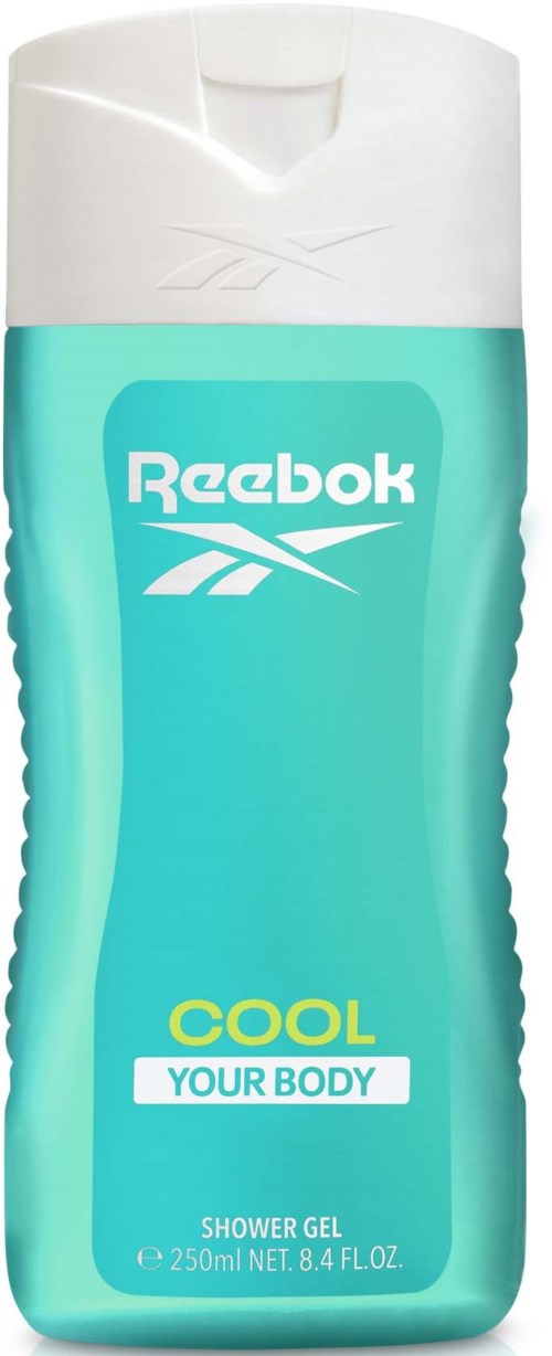 Een Reebok douchegel fles met witte dop, blauwe-groene lichaam en gele en witte tekst.