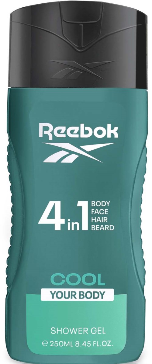 Een teal Reebok douchegel fles met zwarte dop, getiteld "4 in 1" voor lichaam, gezicht, haar en baard.