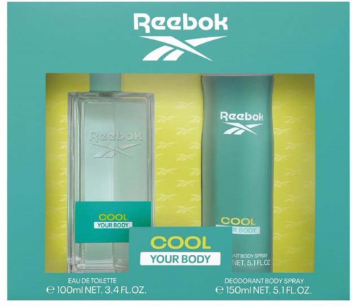 Reebok-lahjapakkaus, jossa on hajuvesi ja deodorantti turkoosissa pakkauksessa, merkittynä "Cool Your Body."