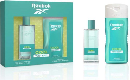 Reebok COOL kroppsvårdssett inkluderer parfyme, kroppsletter og en mindre parfymeflaske, i turkis emballasje.