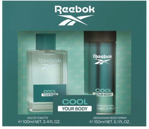 Een Reebok-cadeauset met parfum en body spray met label "COOL YOUR BODY" in een doos.