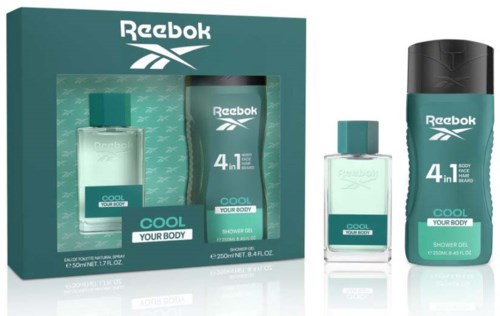 Reebok duschgel och kroppsspray i en låda, med Reebok-logotypen och texten 'Cool Your Body'.