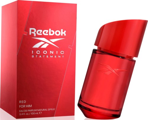 Punainen Reebok-hajuvesipullo ja laatikko miehille, modernisti suunniteltu ja logo.