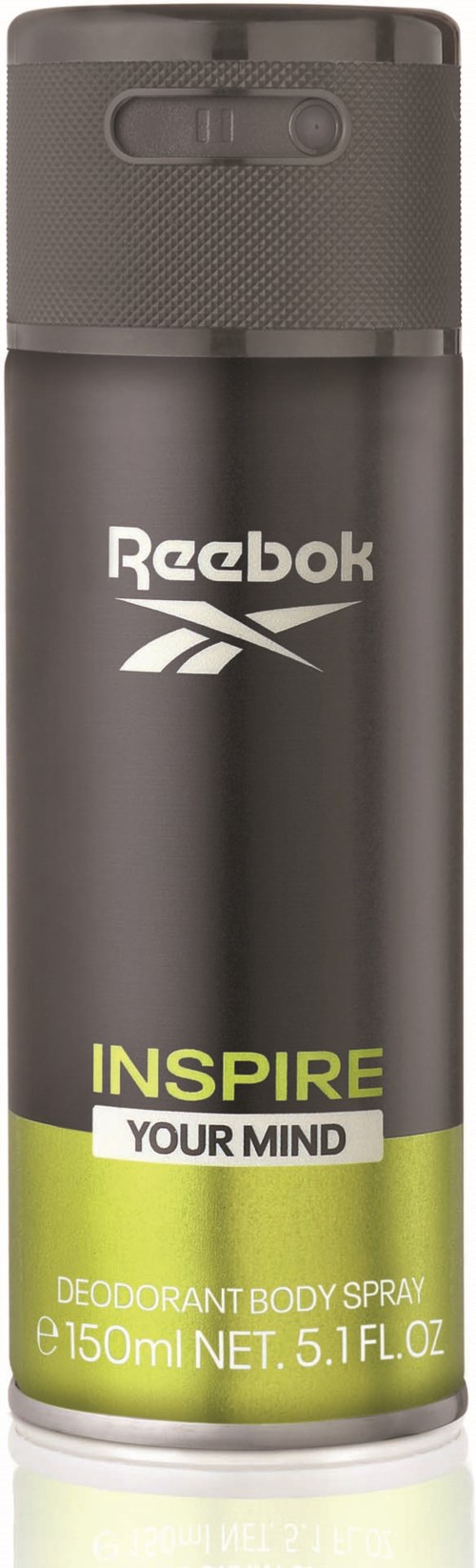 Musta Reebok-deodoranttipullo, jossa on keltainen ja valkoinen etiketti, jossa lukee "INSPIRE YOUR MIND."