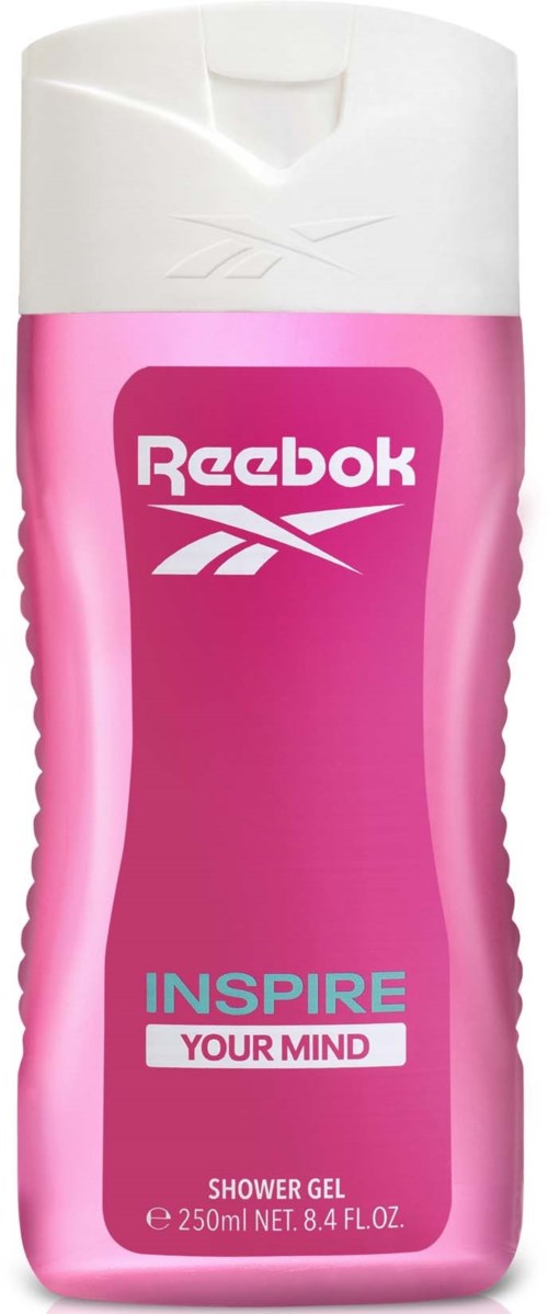 Een roze Reebok Inspire douchegel fles met witte dop, 250 ml, gelabeld als "Your Mind."