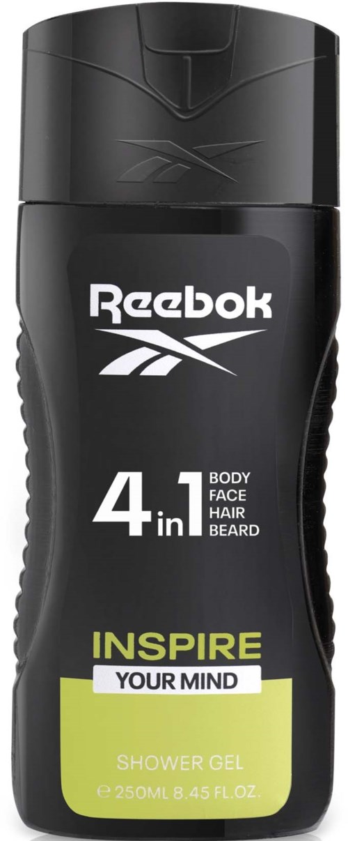 Reebok suihkugeelin pullo, musta ja valkoinen ja keltainen teksti, 4-in-1 vartalolle, kasvoille, hiuksille ja parrassa.