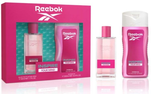 Reebok Inspire cadeauset met parfum en bodywash in roze flessen, in een roze doos.