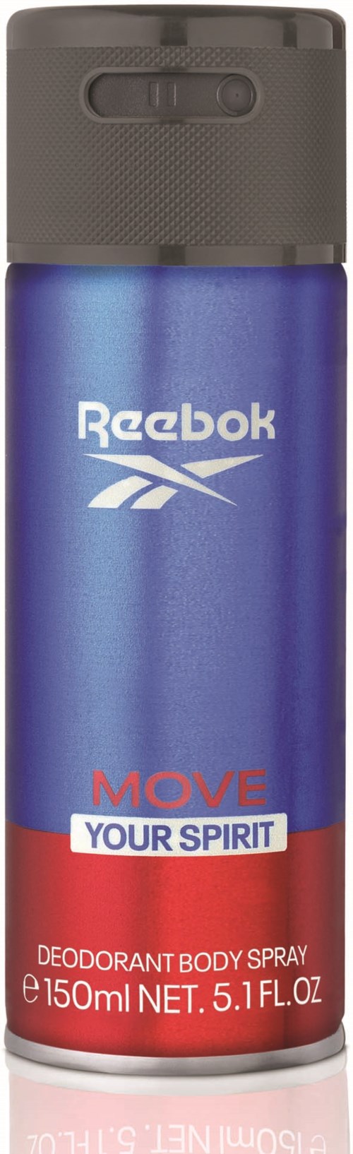 Eine blaue Reebok-Deodorantsprühdose mit schwarzem Deckel, beschriftet "Move Your Spirit" und 150 ml.