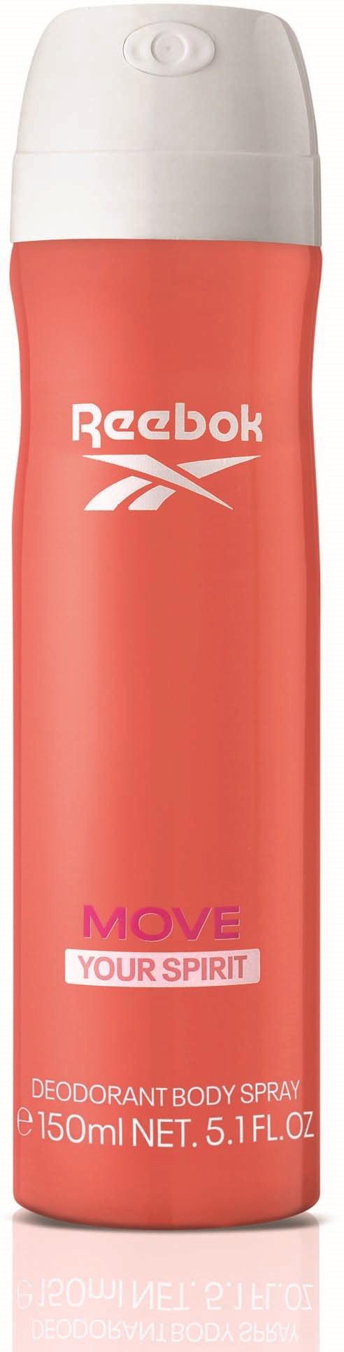 Een koraalkleurige Reebok deodorant sprayspuitfles met een witte dop, met label 'Move Your Spirit'.